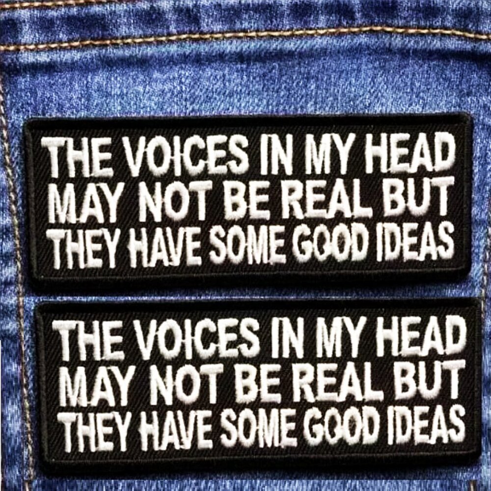 (2) EASY IRON ON PATCHES VOICES MAY NOT BE REAL BUT THEY HAVE SOME GOOD IDEAS